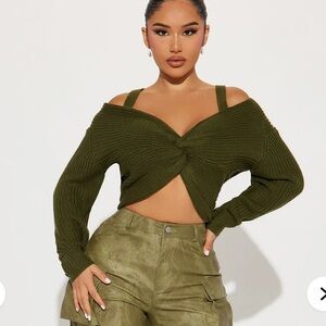 Dark Olive Green Front Twist Off Shoulder Sweater Size M